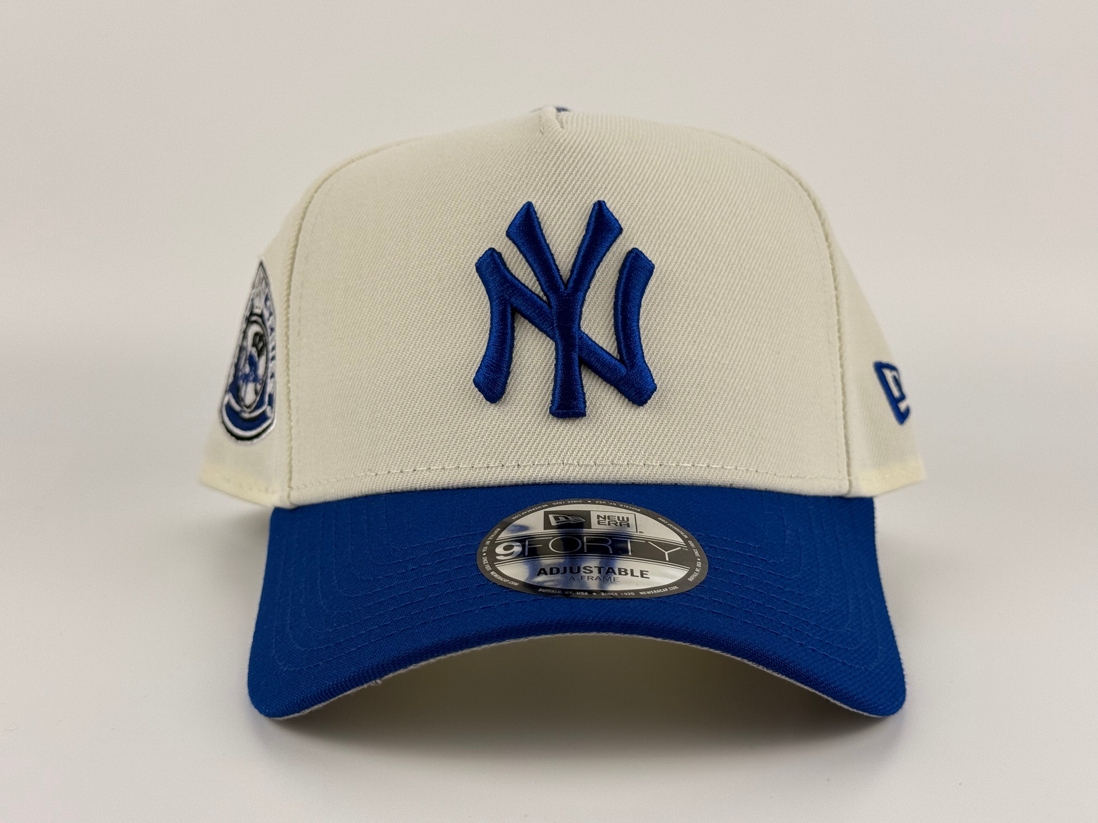 New York Yankees New Era 940 A-Frame Adjustable Cap Cream Crown/Blue Visor 1950 WS Side Patch