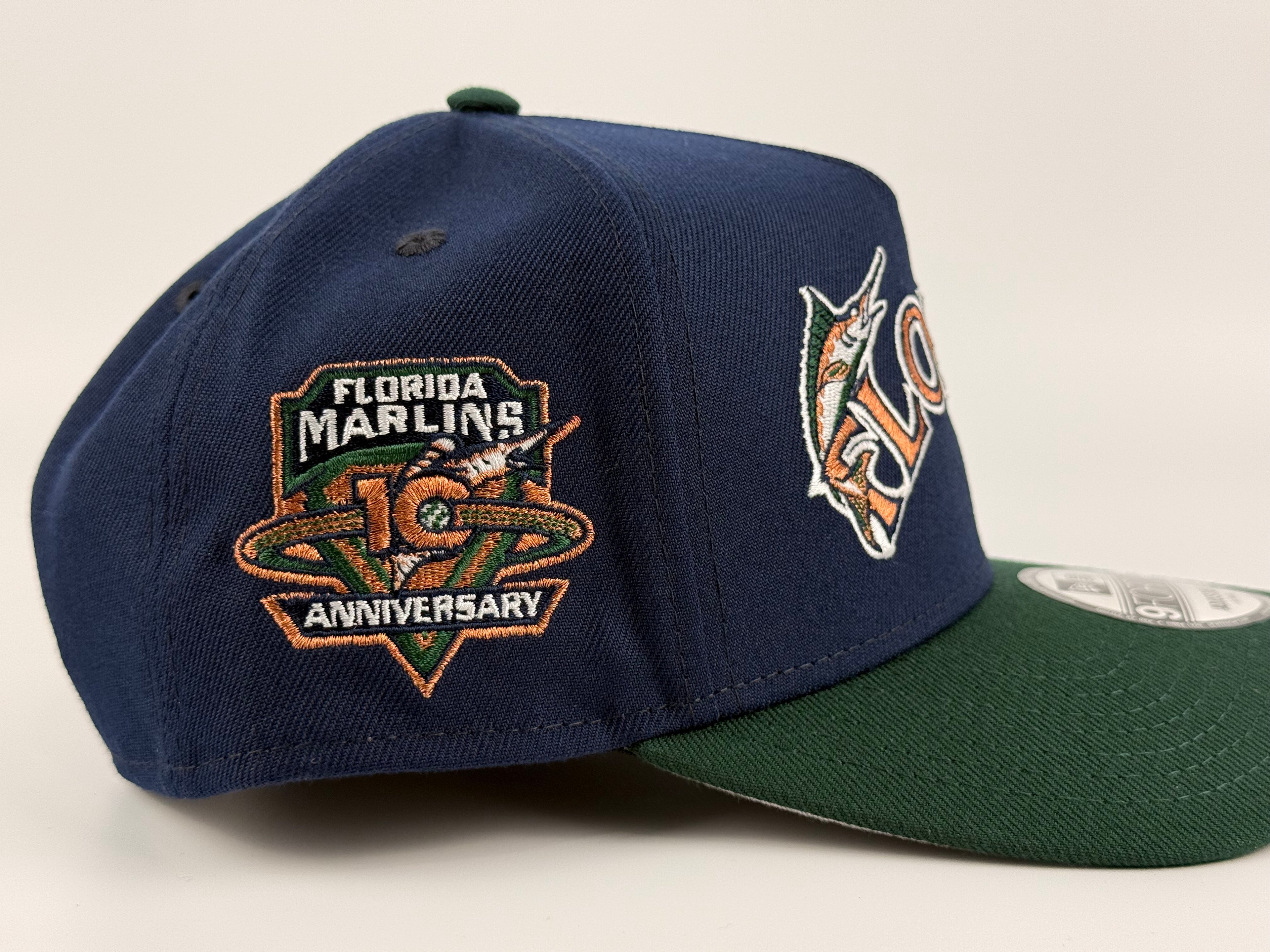 Florida Marlins New Era A-Frame Adjustable Cap Navy Blue Crown/Green Visor 10th Anniversary Side Patch