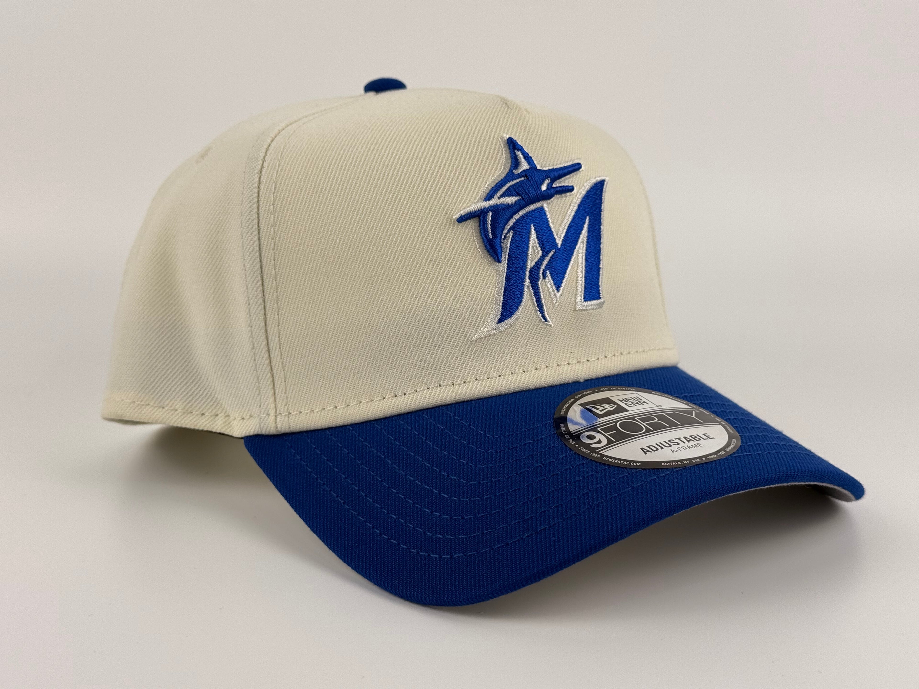 Miami Marlins New Era 940 A-Frame Adjustable Cap Cream Crown/Blue Brim