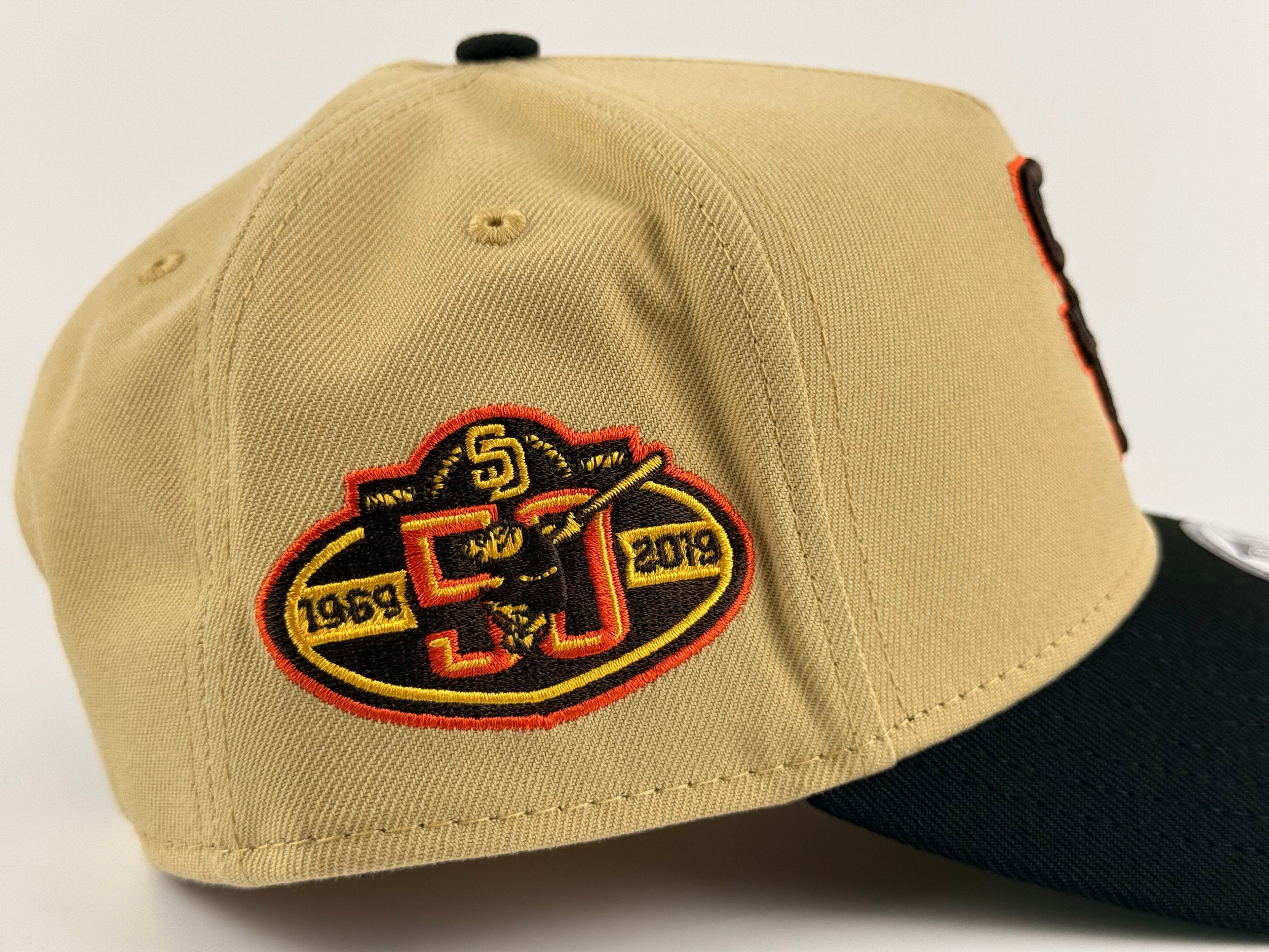 San Diego Padres New Era 940 A-Frame Adjustable Gold Crown/Black Visor 50th Anniversary Side Patch