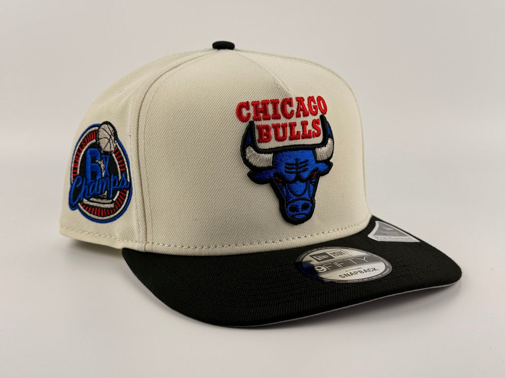 Chicago Bulls New Era 950 A-Frame Snapback Cap Cream Crown/Black Visor 6x Champs Side Patch