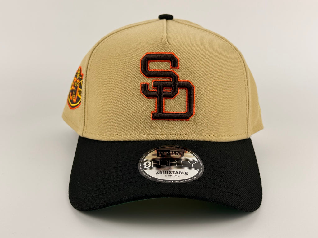 San Diego Padres New Era 940 A-Frame Adjustable Gold Crown/Black Visor 50th Anniversary Side Patch