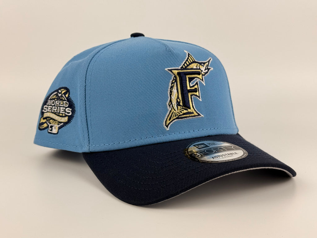 Florida Marlins New Era 940 A-Frame Adjustable Cap 2003 WS Side Patch Sky Blue Crown/Navy Blue Visor
