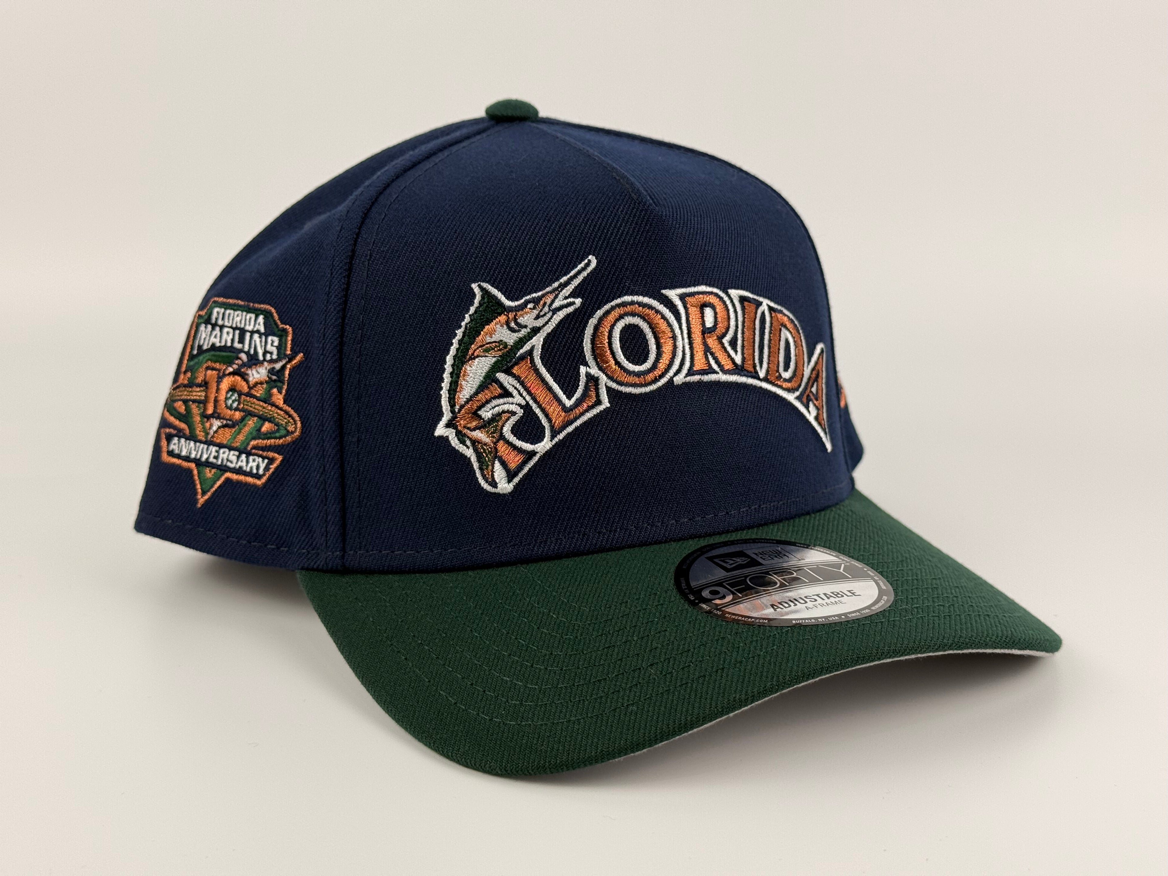 Florida Marlins New Era A-Frame Adjustable Cap Navy Blue Crown/Green Visor 10th Anniversary Side Patch