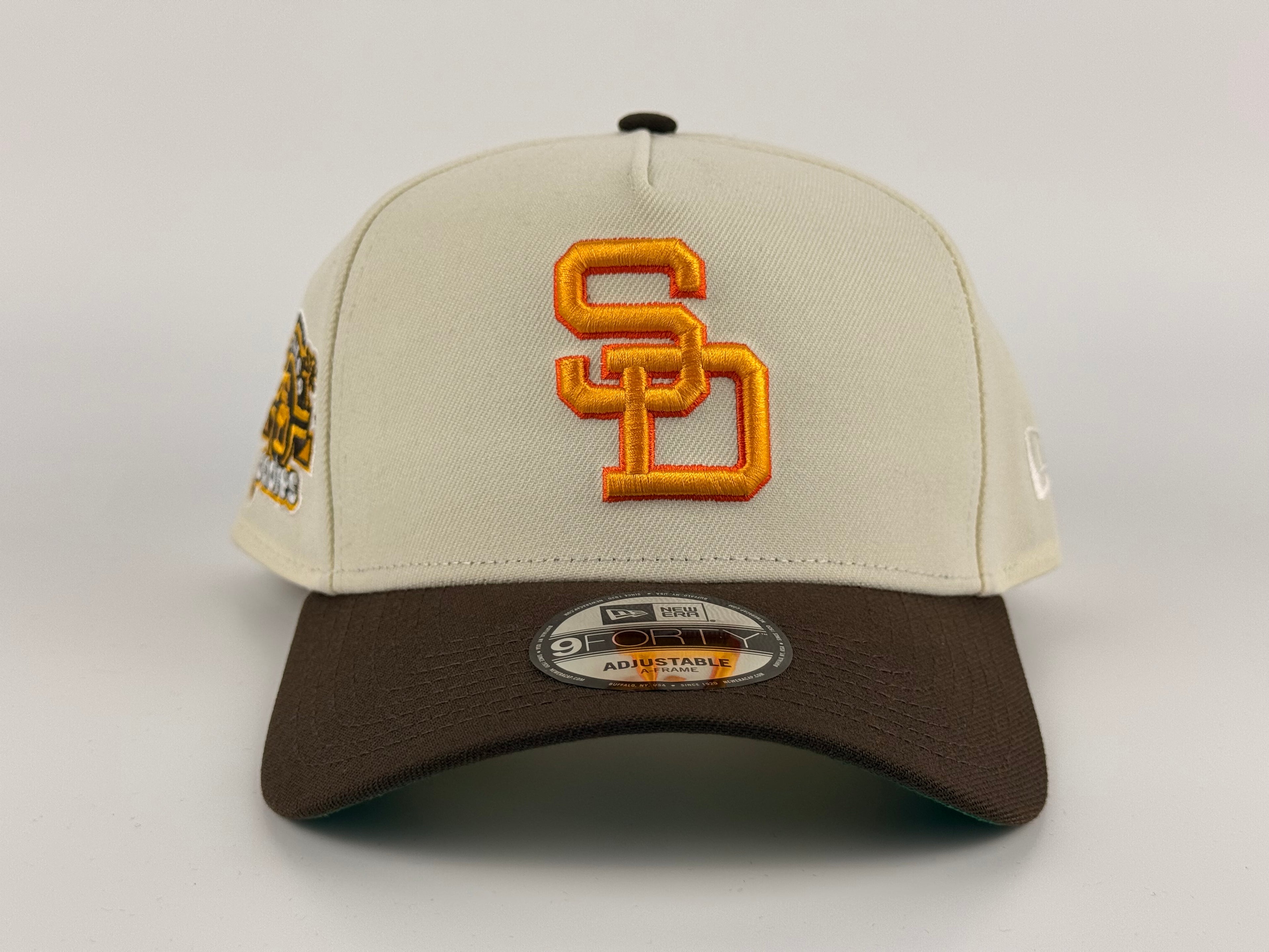 San Diego Padres New Era 940 A-Frame Adjustable Cap Cream Crown/Brown Visor 25th Anniversary Side Patch