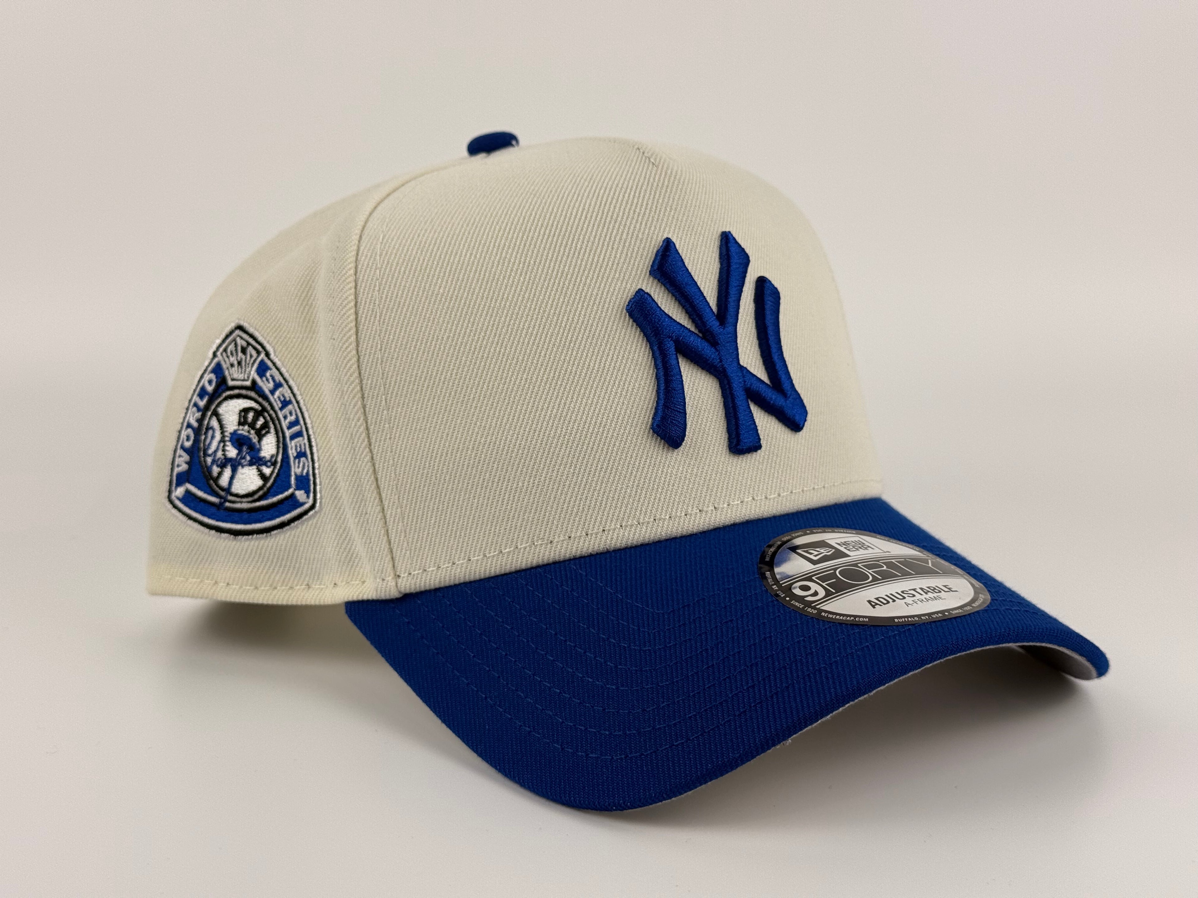 New York Yankees New Era 940 A-Frame Adjustable Cap Cream Crown/Blue Visor 1950 WS Side Patch
