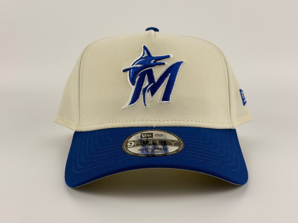 Miami Marlins New Era 940 A-Frame Adjustable Cap Cream Crown/Blue Brim