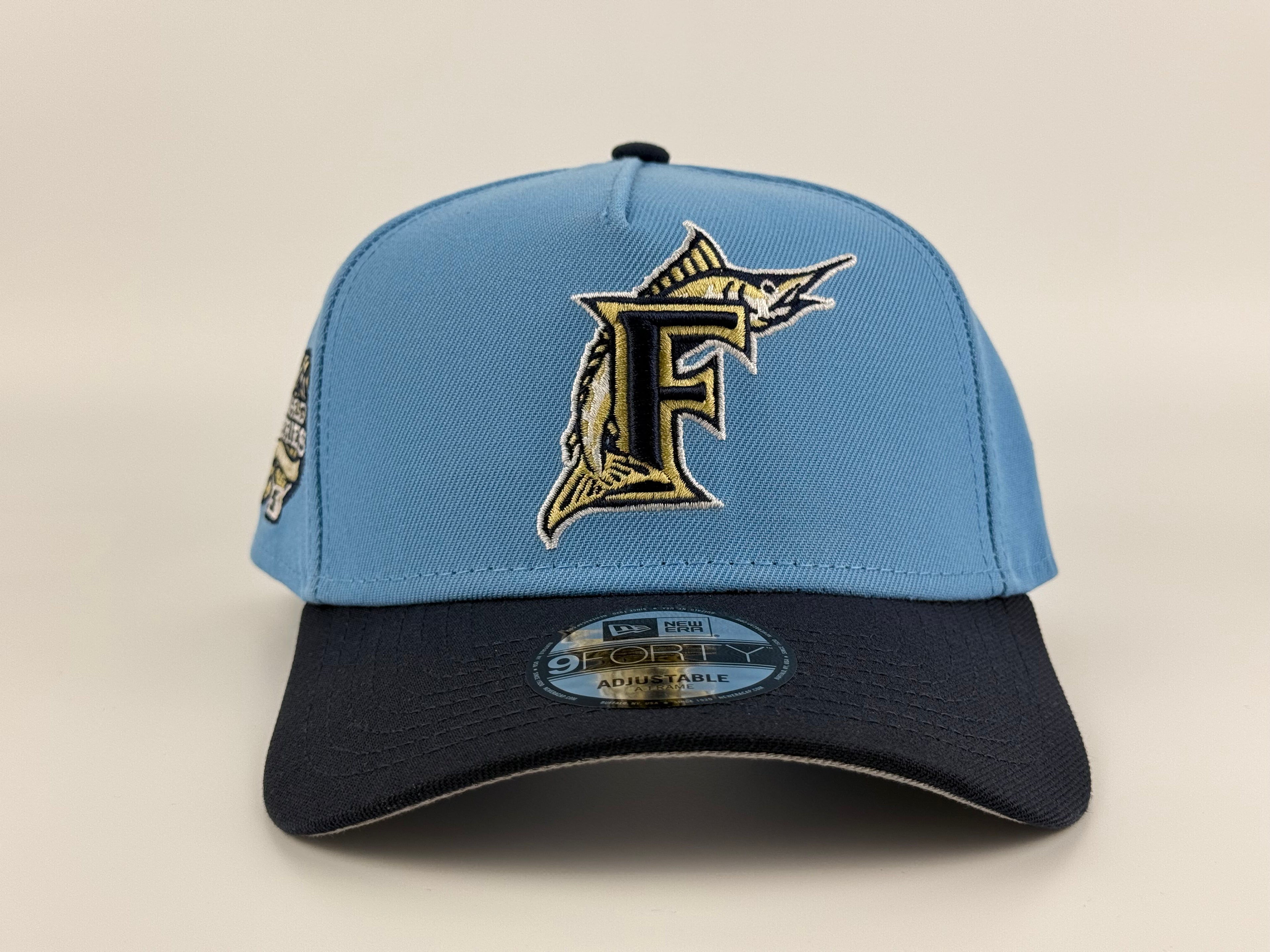 Florida Marlins New Era 940 A-Frame Adjustable Cap 2003 WS Side Patch Sky Blue Crown/Navy Blue Visor