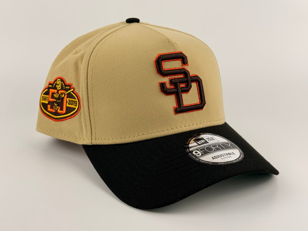 San Diego Padres New Era 940 A-Frame Adjustable Gold Crown/Black Visor 50th Anniversary Side Patch