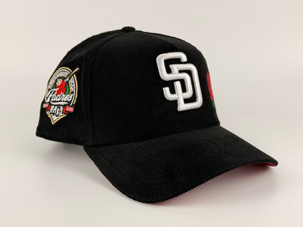 San Diego Padres New Era 940 A-Fame Snapback Full Corduroy Black/Red Underbrim