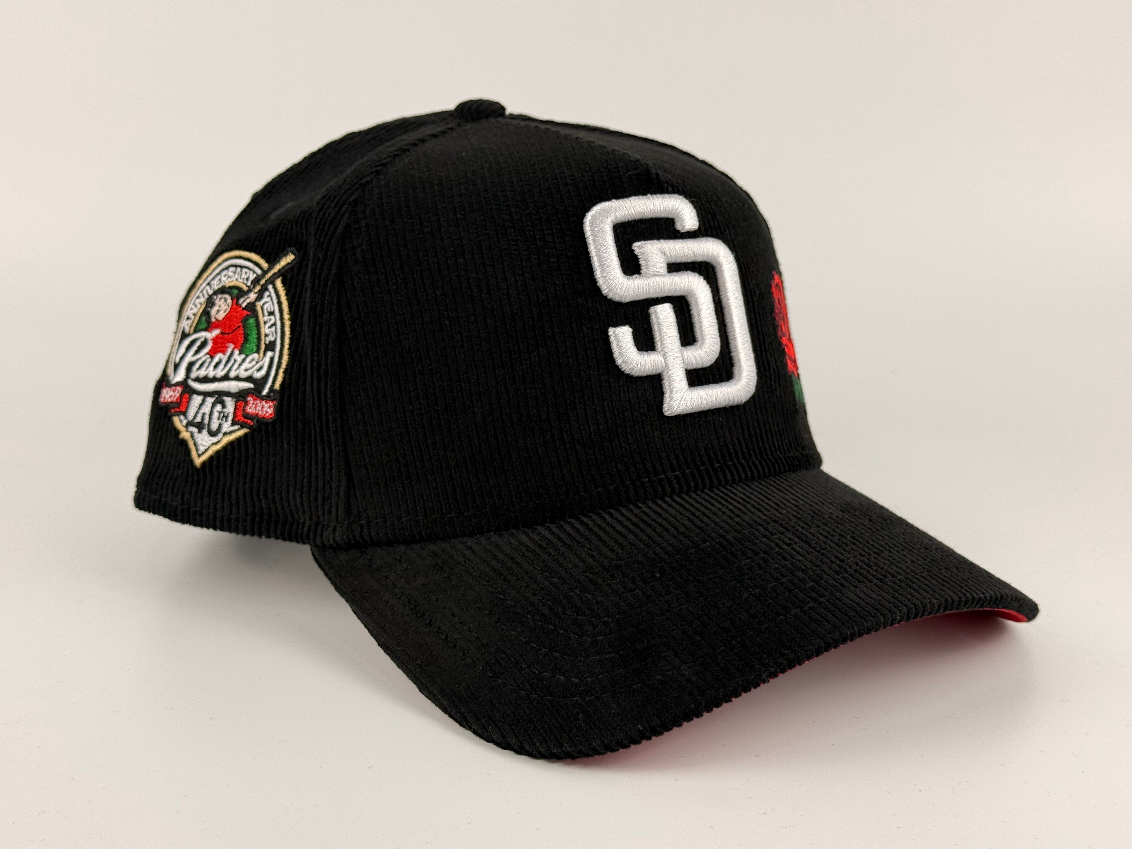 San Diego Padres New Era 940 A-Fame Snapback Full Corduroy Black/Red Underbrim